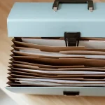 Accordion file box filled with papers