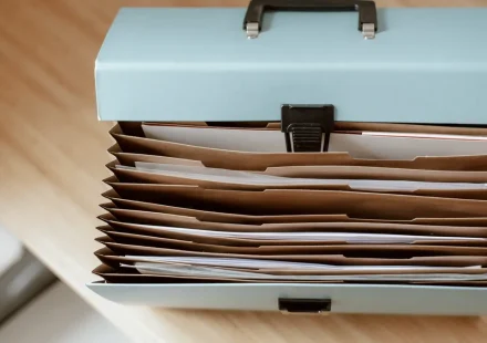 Accordion file box filled with papers