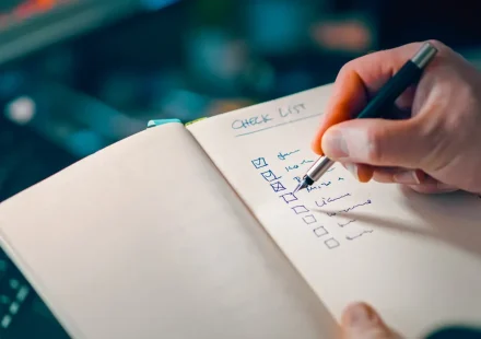 Hand ticking a checklist in a notebook