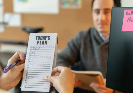 Checklist and sticky note suggesting a care plan list