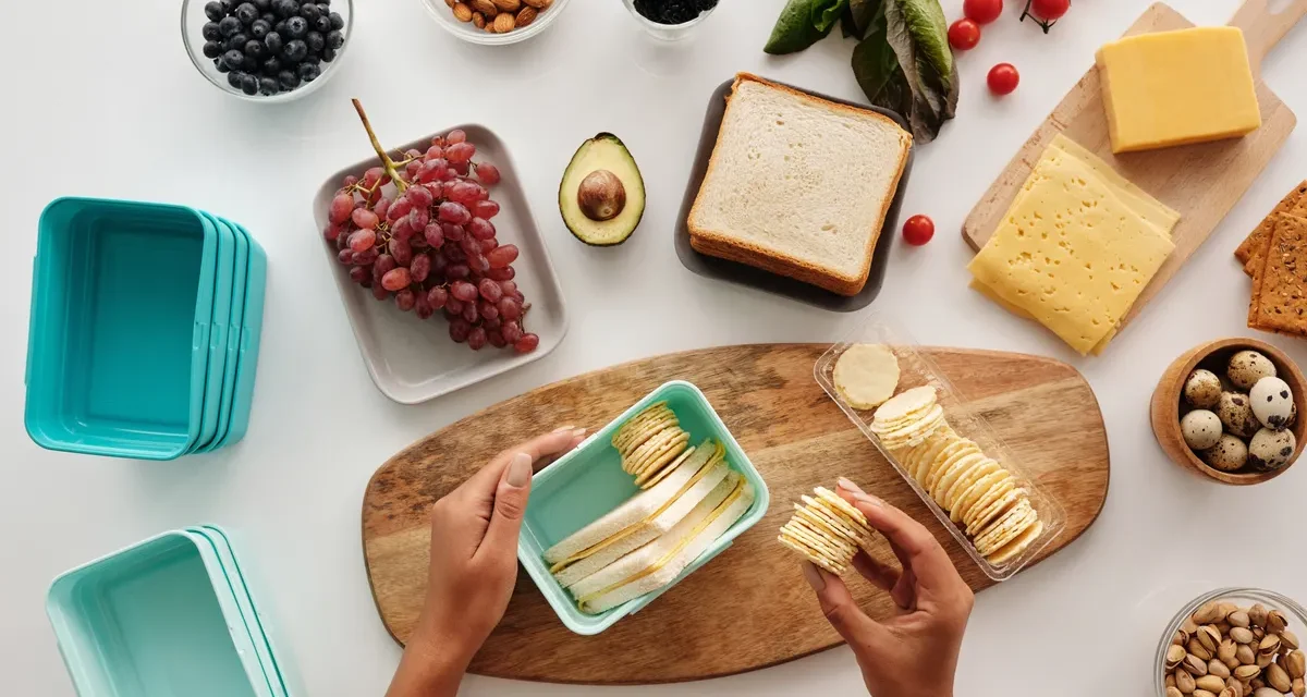 Hands arranging snack portions and sandwich pieces beside meal containers