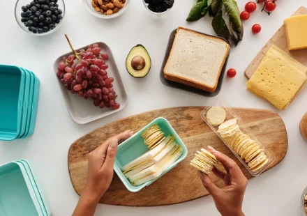 Hands arranging snack portions and sandwich pieces beside meal containers