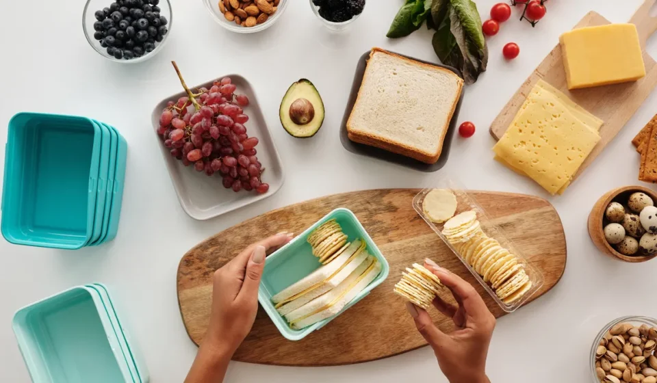 Hands arranging snack portions and sandwich pieces beside meal containers